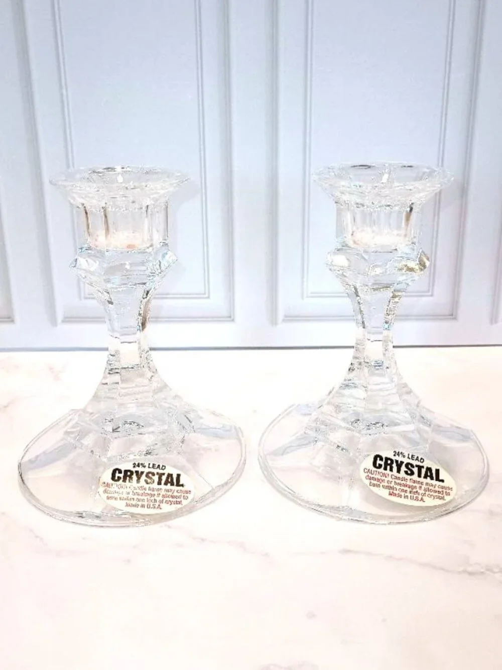 Vintage Pair 24% Lead Crystal Pedestal Candle Holders Clear 4” USA 1960-70s